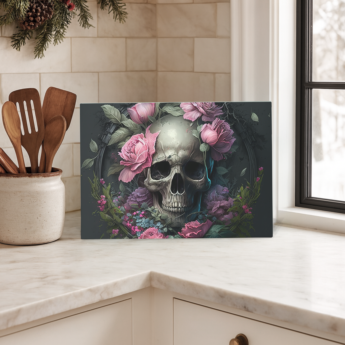 Skull & Pink Roses Chopping Board