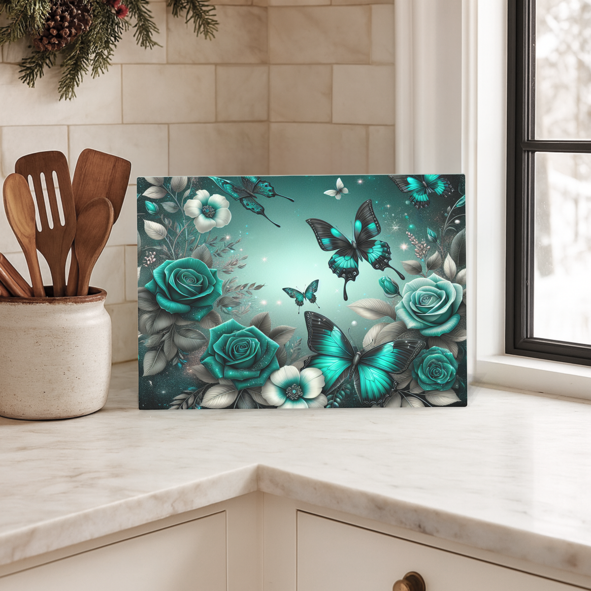 Teal Butterflies Chopping Board