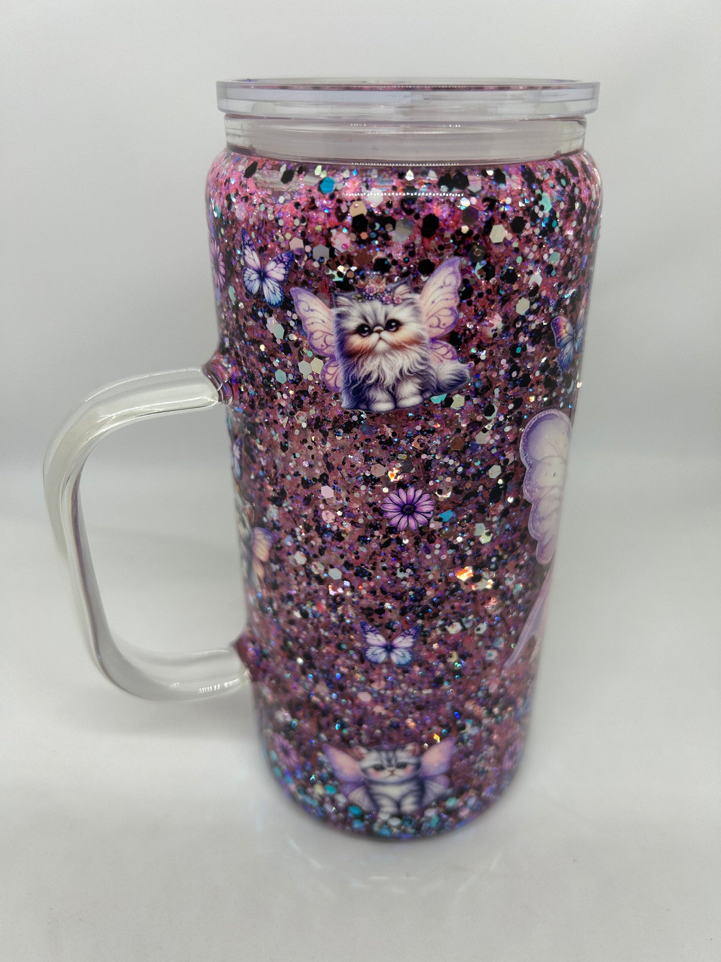 20oz Glass Handle Snowglobe - Kitten With Wings