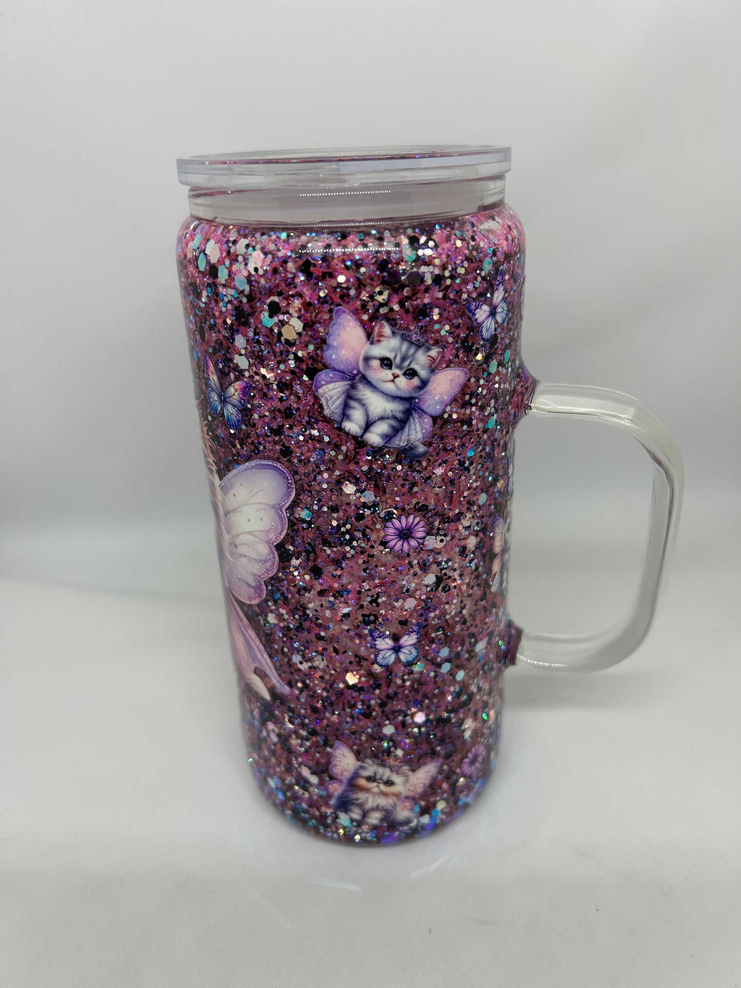 20oz Glass Handle Snowglobe - Kitten With Wings