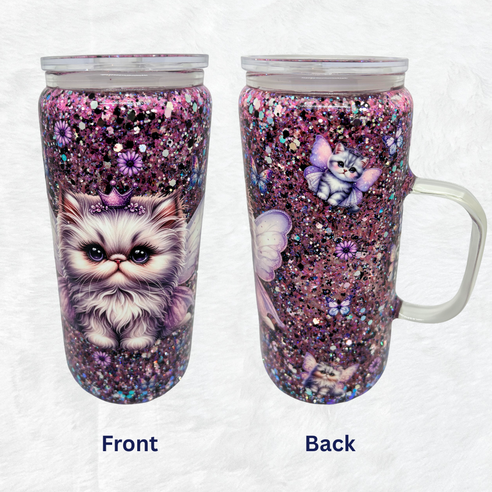 20oz Glass Handle Snowglobe - Kitten With Wings