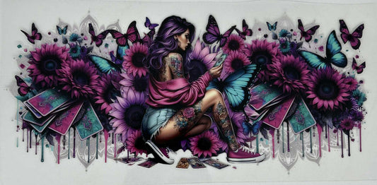 Tattoo Girl with Purple, Aqua & Pink Flowers