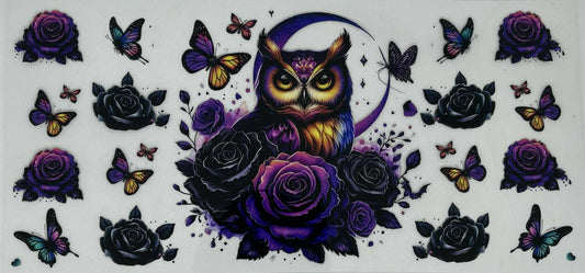 Owl with Purple & Black Roses
