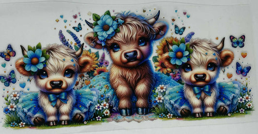 4 Brown & White Highland Cows with Flowers